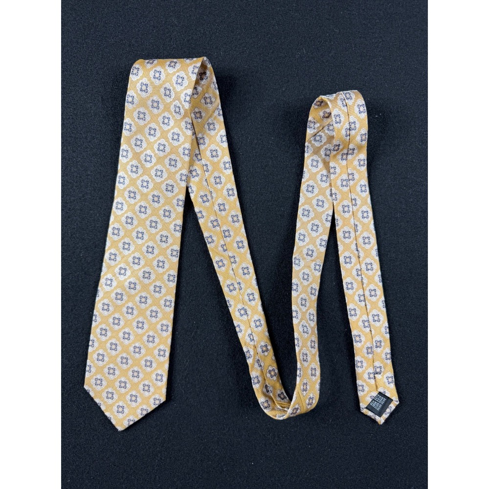 Gold Silk Geometric Floral Medallion Mens Necktie Blue White Pattern 56x3.25